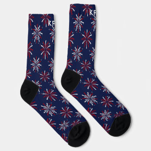 Monogram Initials Red & White Fireworks on Blue Socks