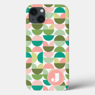 Monogram Initials Retro Geometric Green  iPhone 13 Case