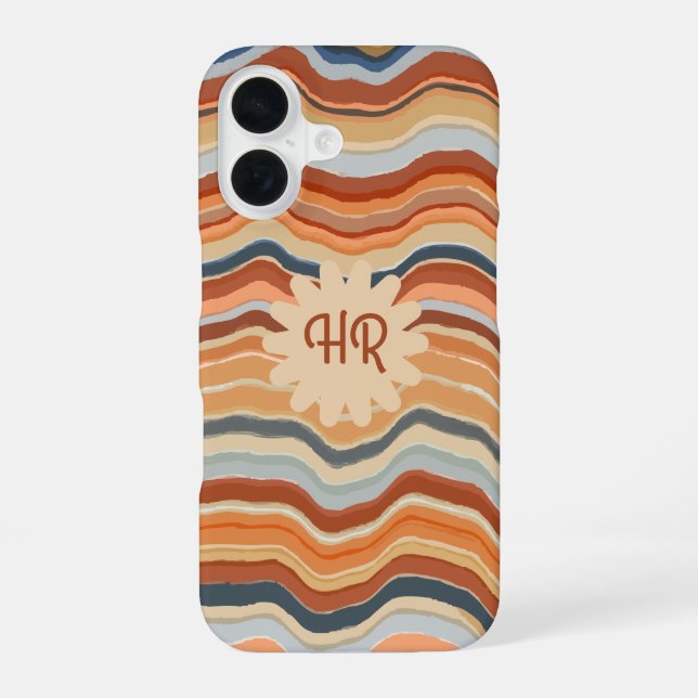 Monogram Initials Retro Stripes Waves Orange Blue Iphone Case (Back)