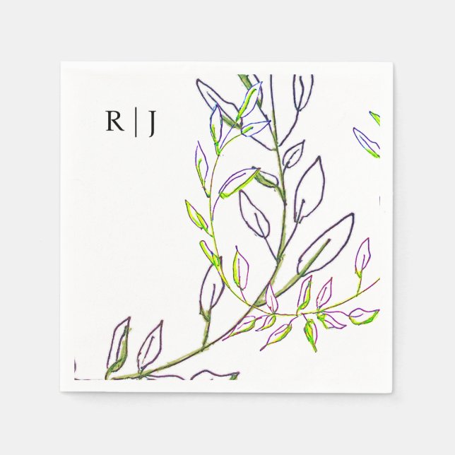 Monogram Initials Sage Green Leaves Artsy Wedding Napkins (Front)