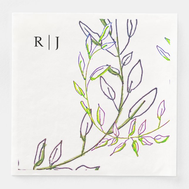 Monogram Initials Sage Green Leaves Artsy Wedding Paper Dinner Napkins (Front)