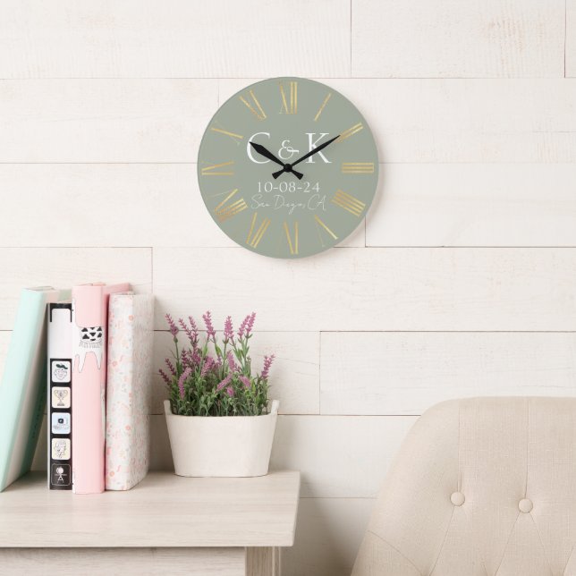Monogram Initials Sage Green Wedding Large Clock (Reading Room)