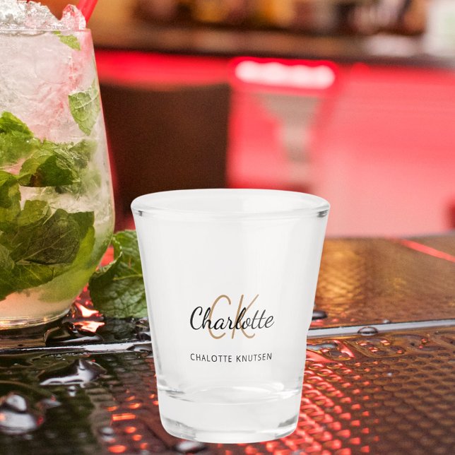 Monogram initials script black gold shot glass (Creator Uploaded)