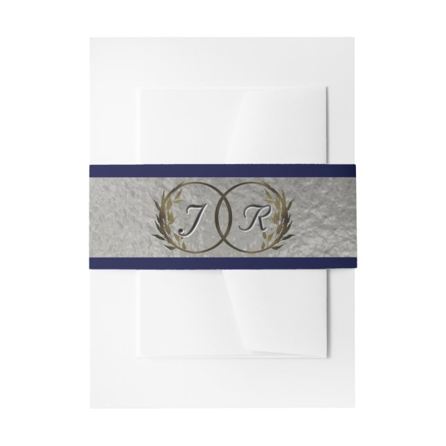 Monogram Initials Silver Ribbon Wedding Invitation Belly Band (Front Example)