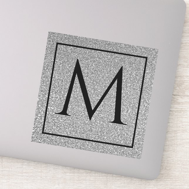 Monogram Initials Silvery Grey Glitter Custom Name Sticker (Detail)