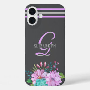 MONOGRAM initials stripes Dark Grey iPhone 16 Plus Case