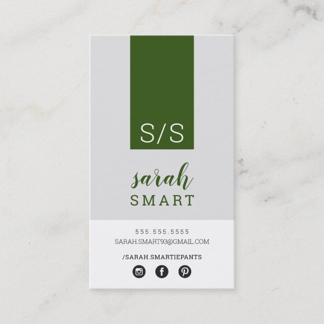 MONOGRAM INITIALS tab modern army gray white Business Card (Front)