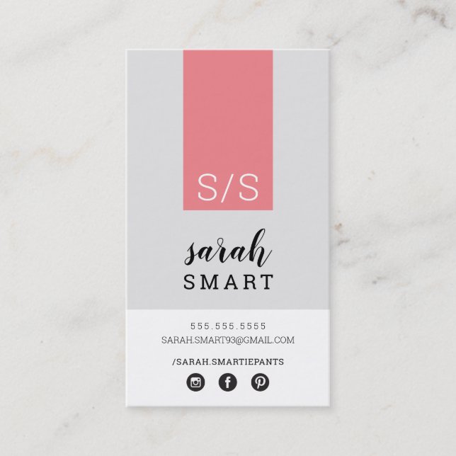 MONOGRAM INITIALS tab modern black coral gray Business Card (Front)