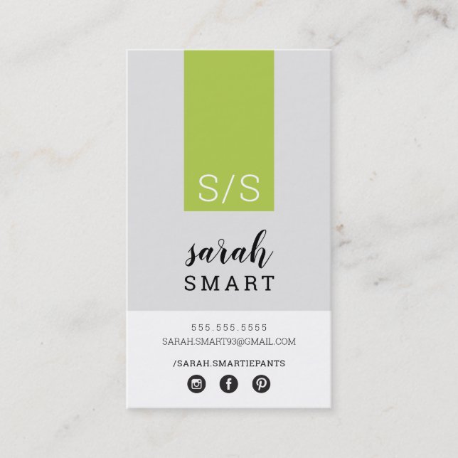 MONOGRAM INITIALS tab modern lime green black gray Business Card (Front)