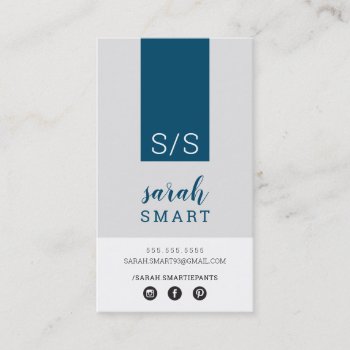 Monogram Initials Tab Modern Navy Gray White Business Card by edgeplus at Zazzle