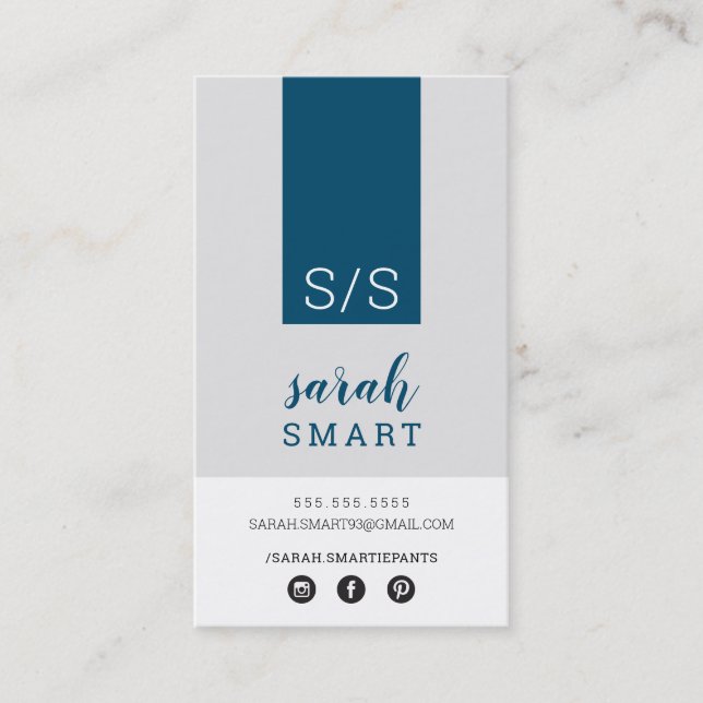 MONOGRAM INITIALS tab modern navy gray white Business Card (Front)