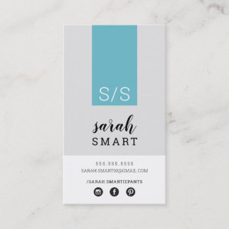 MONOGRAM INITIALS tab modern turquoise blue gray Business Card