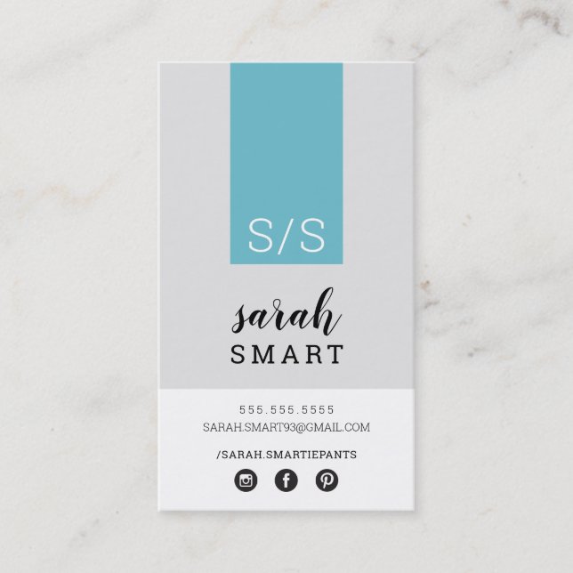 MONOGRAM INITIALS tab modern turquoise blue gray Business Card (Front)