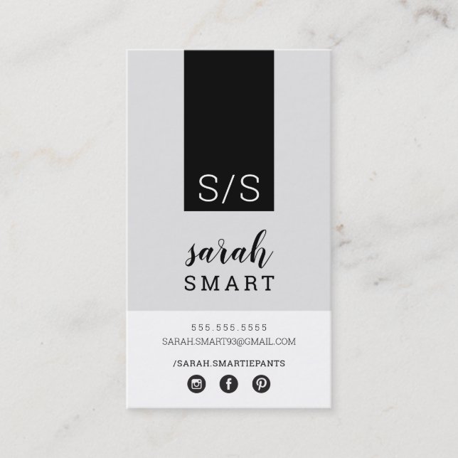 MONOGRAM INITIALS tab modern white black gray Business Card (Front)