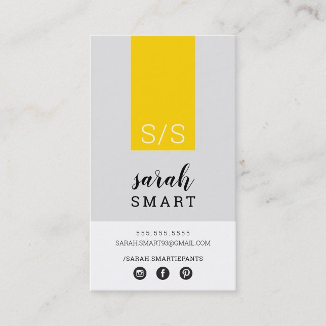 MONOGRAM INITIALS tab modern yellow black gray Business Card (Front)