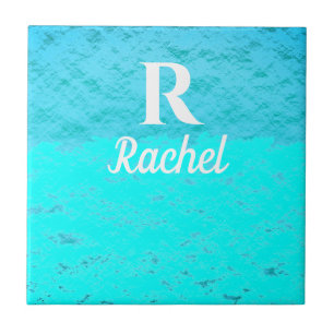 Monogram Initials Teal Blue Turquoise Pastel Ombre Ceramic Tile