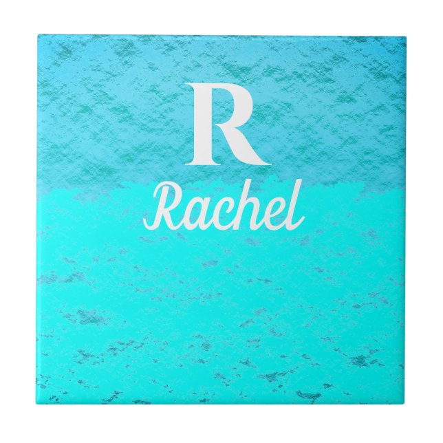 Monogram Initials Teal Blue Turquoise Pastel Ombre Ceramic Tile (Front)
