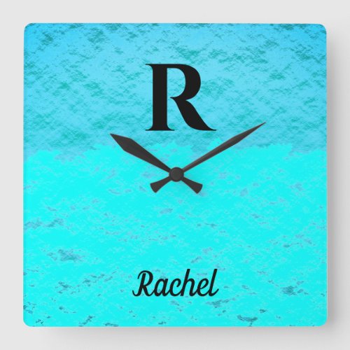 Monogram Initials Teal Blue Turquoise Pastel Ombre Square Wall Clock