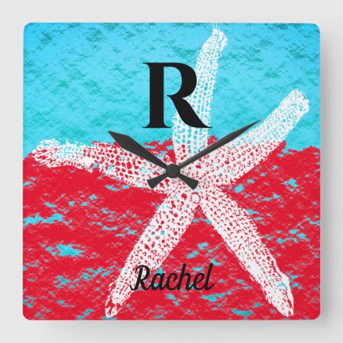 Monogram Initials Teal Red Sparkly Pastel Starfish Square Wall Clock