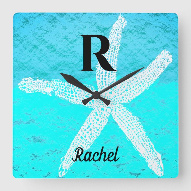 Monogram Initials Teal Turquoise Pastel Starfish Square Wall Clock (Front)