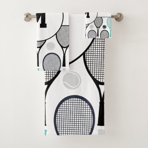 Monogram Initials Tennis Rackets Balls Elegant Bath Towel Set