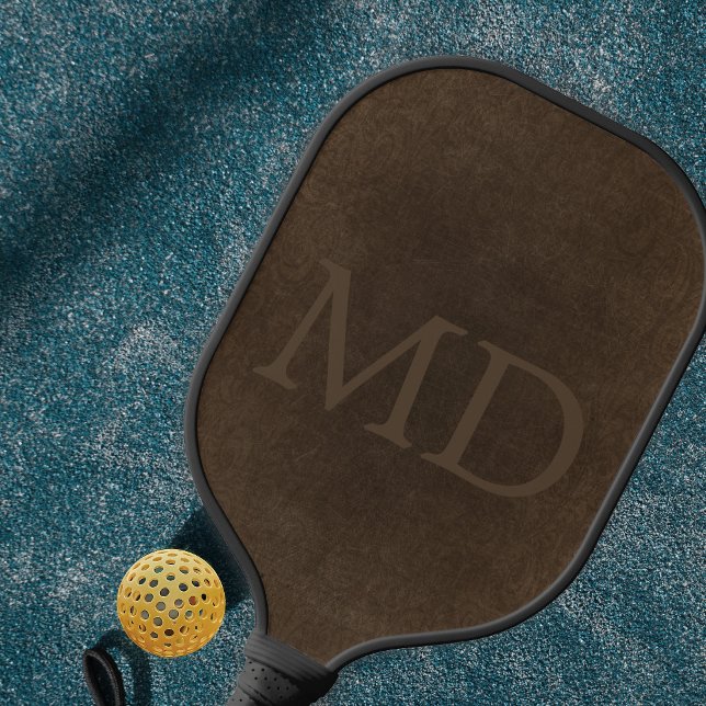 Monogram initials vintage brown leather look pickleball paddle (Creator Uploaded)