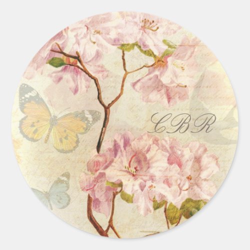 Monogram Initials Vintage Chic Elegant Floral Pink Classic Round Sticker