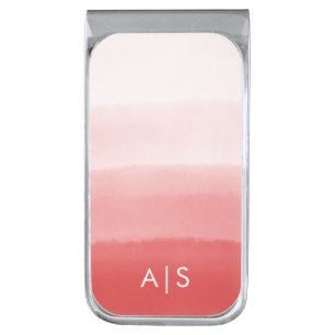 Monogram Initials Watercolor Faded Coral Red Ombre Silver Finish Money Clip
