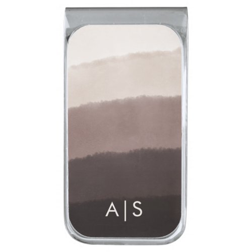 Monogram Initials Watercolor Walnut Brown Ombre Silver Finish Money Clip