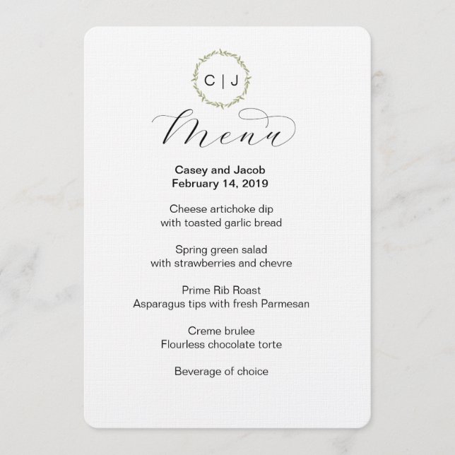 Monogram Initials Wedding or Event Menu (Front)