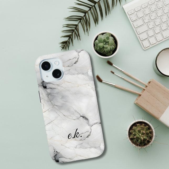 Monogram Initials white gray black gold marble  Case-Mate iPhone Case (Black white gray gold marble monogrammed initials or name iPhone case)