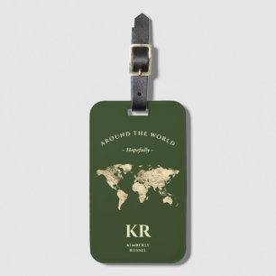 Monogram Initials World Map Forest Green Luggage Tag