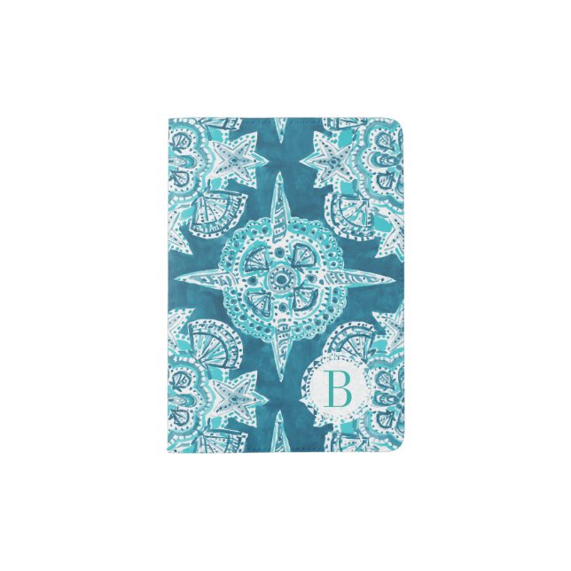 Monogram INNER MERMAID COMPASS Aqua Shell Moroccan Passport Holder (Front)