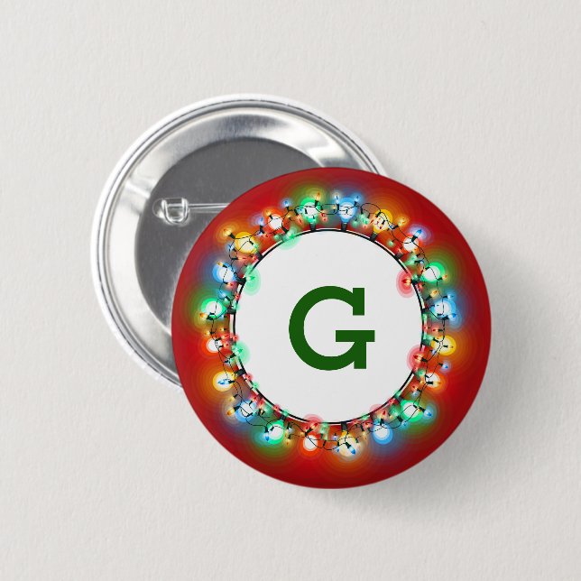 Monogram Inside Ring of Christmas Light Bulbs Button (Front & Back)