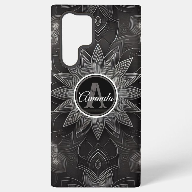 Monogram Intricate Black and White Floral Mandala Samsung Galaxy Case (Back)