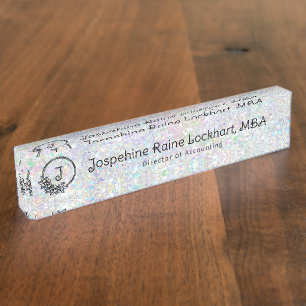 Monogram Iridescent Glitter Professional Desk Name Plate