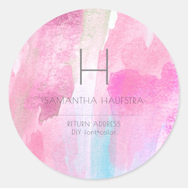 Monogram Iridescent Pink Rose Brushed Watercolor Classic Round Sticker (Front)