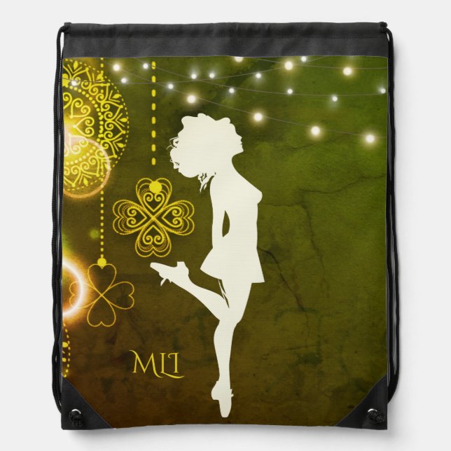 Monogram Irish Dance Celtic Clovers and Lights Drawstring Bag (Front)