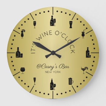 Monogram It’s Wine O’clock Elegant Gold Black Large Clock by BCMonogramMe at Zazzle