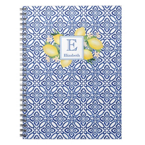 Monogram Italian Inspired Lemons Blue Tiles Notebook