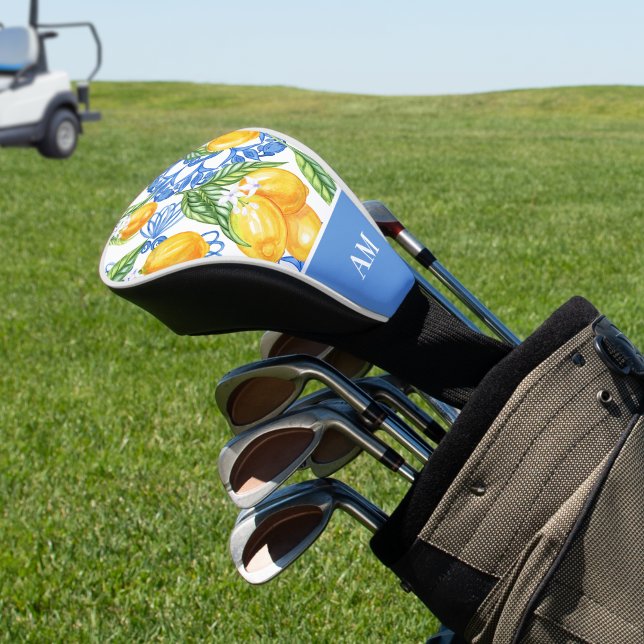 Monogram Italian Lemon Blue Tiles Pattern  Golf Head Cover (Golf Gifts Italian Mediterranean Lemons Pattern Monogram Golf Head Cover)