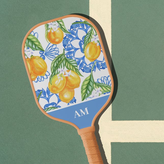 Monogram Italian Lemon Blue Tiles Pattern  Pickleball Paddle (Mediterranean Italian Ceramic Art Lemons Pattern Monogram Pickleball Paddle)