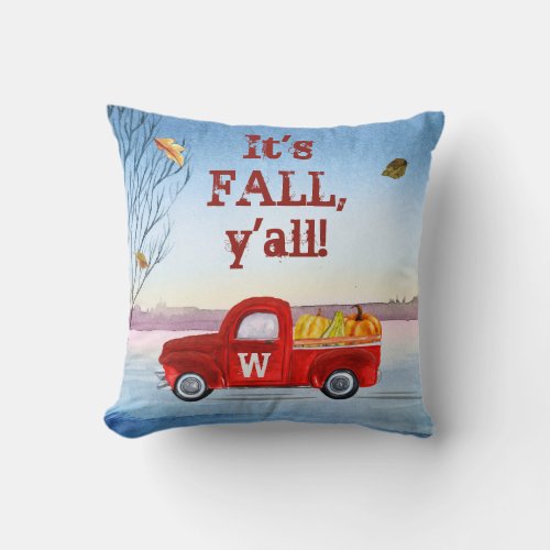 Monogram Its Fall Yall Red Truck Pumpkins Throw Pillow