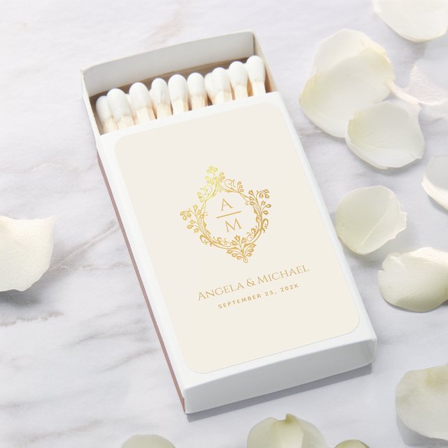 Monogram Ivory & Gold Elegant Wedding Floral Crest Matchboxes (Creator Uploaded)