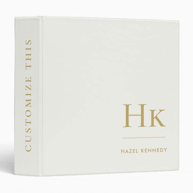 Monogram | Ivory Gold Simple Elegant Monogrammed 3 Ring Binder (Front/Spine)