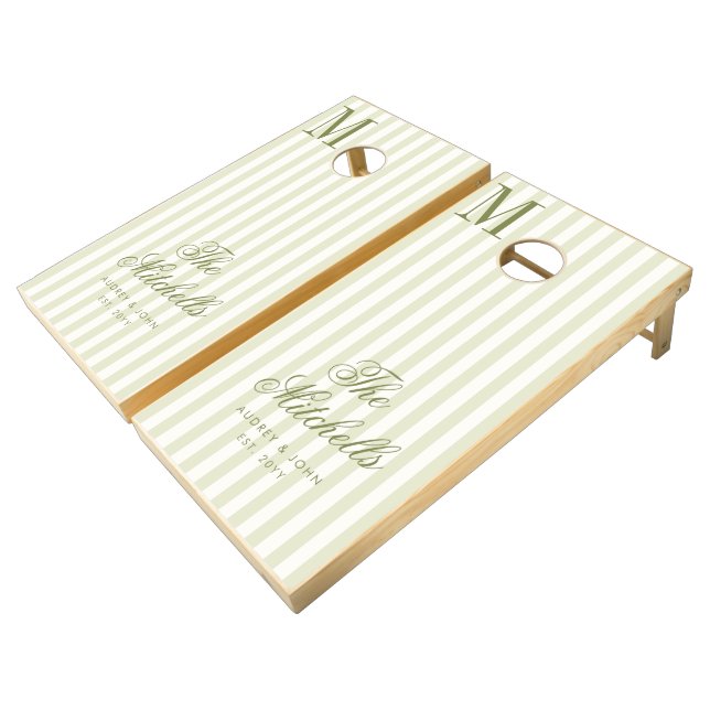 Monogram Ivory Olive Green Stripes Script Wedding Cornhole Set (Angled)