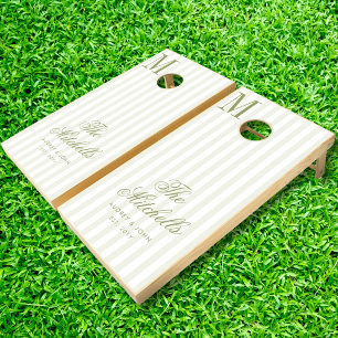 Monogram Ivory Olive Green Stripes Script Wedding Cornhole Set