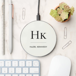 Monogram Ivory White Simple Elegant Initials Name Wireless Charger