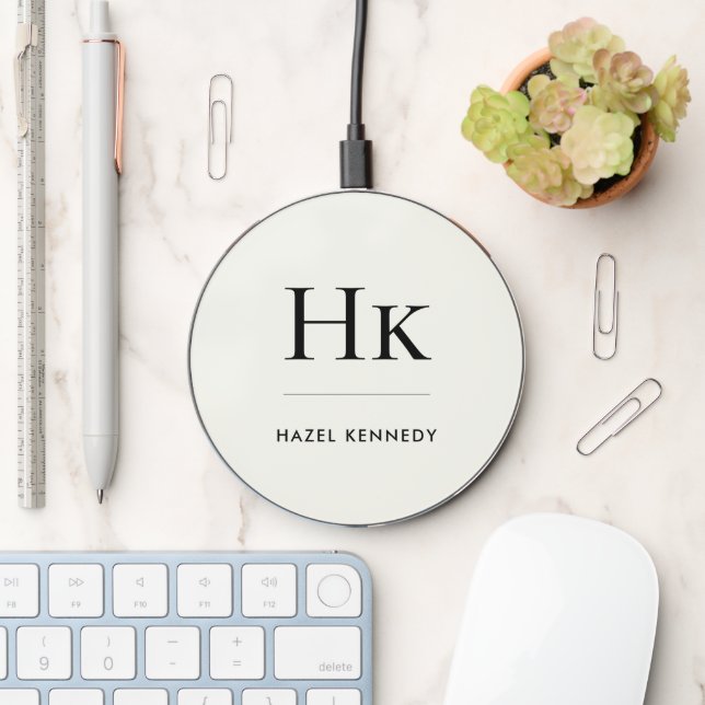 Monogram Ivory White Simple Elegant Initials Name Wireless Charger (Desk)