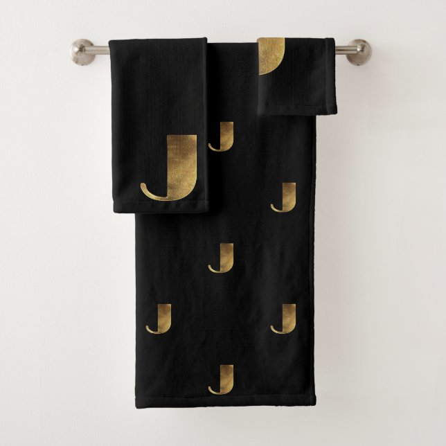 Monogram J Black and Gold Look Elegant Typography Bath Towel Set (Insitu)